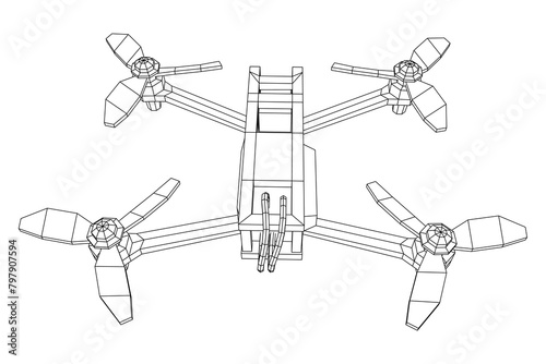 FPV Drone Racing freestyle sport flight. Hobby toys. Wireframe low poly mesh vector illustration.