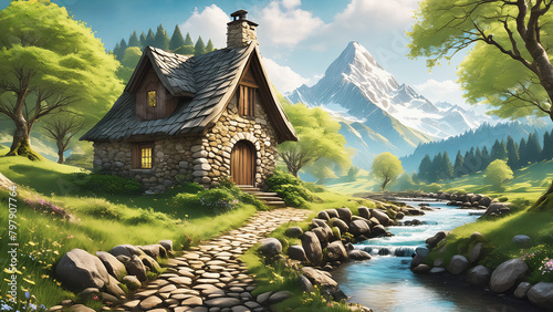 Digital art - Painting of a house on a river