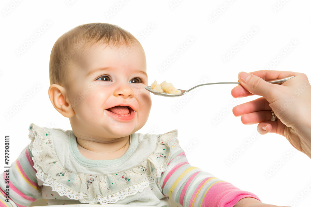 Mother feeding smiling baby milk porridge from spoon