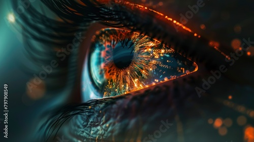 A detailed closeup of an eye with digital elements glowing inside, symbolizing the fusion between traditional vision and futuristic tech in advanced eye care technology.