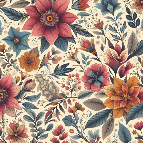 seamless pattern with flowers. nature  design  illustration  art  vintage  textile  Ai generated 