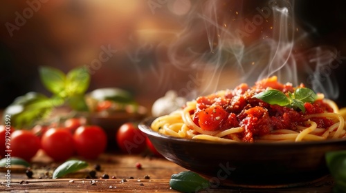 Delicious Italian pasta spaghetti Bolognese and tomato sauce with hot steaming on wood table on dark background photo