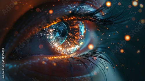 A detailed closeup of an eye with digital elements glowing inside, symbolizing the fusion between traditional vision and futuristic tech in advanced eye care technology.