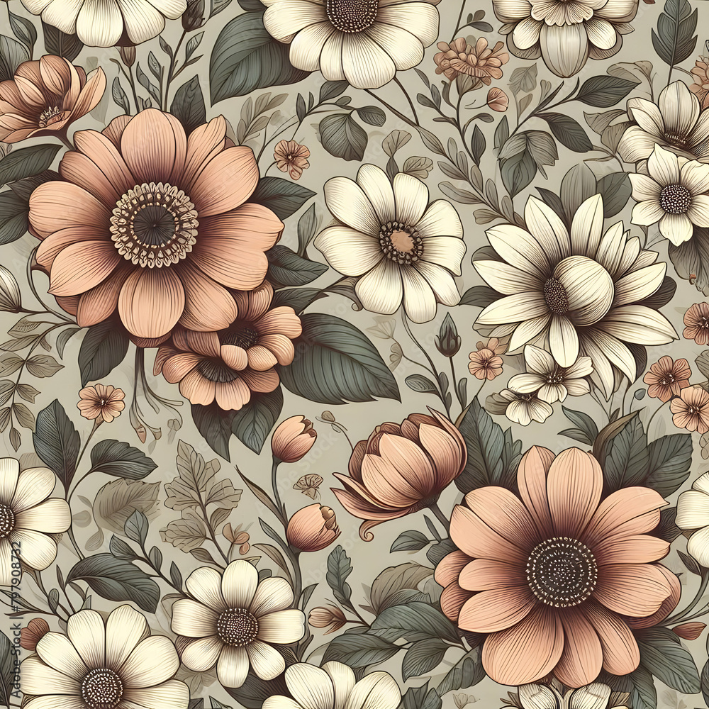 Fototapeta premium seamless floral background illustration, design, decoration, wallpaper, spring, art,Ai generated 