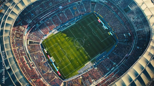 Aerial overhead view of a soccer stadium at night - Generative AI