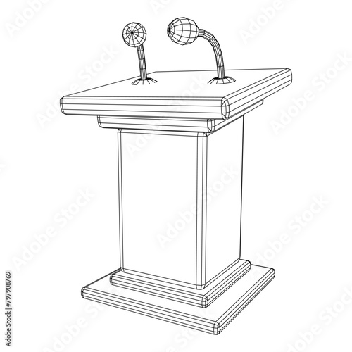 Speaker Podium Rostrum. Tribune Stand with Microphones. Debate, press conference concept. Wireframe low poly mesh vector illustration