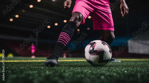 Soccer player scored a spectacular goal with a powerful kick in the stadium, electrifying the crowd and securing a crucial win for their team in the game. soccer, player, field, stadium, ball, goal © Rattasat