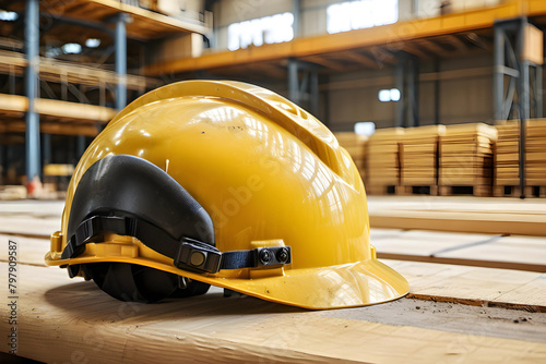 A Yellow protective safety helmet lays on the floor of the warehouse, with wood palettes in the background photo