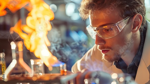 A chemistry student using a Bunsen burner to heat substances in a laboratory flask, demonstrating principles of chemical reactions and thermodynamics.
