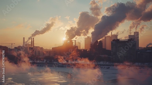 A city skyline with smoke rising from incineration plants, illustrating the urban infrastructure for managing municipal solid waste. photo
