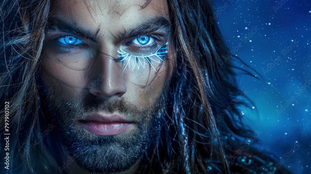 A handsome man with long hair and a beard, blue eyes, fantasy romance ...