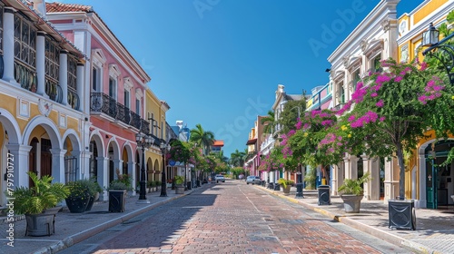 Historical streetscape with colonial architecture under blue skies.