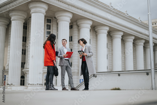 Three business associates in a serious discussion outside a classic building, interacting with a digital tablet.