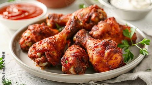 A plate of spicy fried chicken drumsticks served with dipping sauce, perfect for sharing with friends at a casual gathering or party