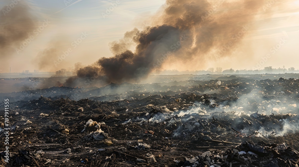 A plume of smoke rising from a landfill site where garbage is being burned to reduce volume and minimize environmental contamination.