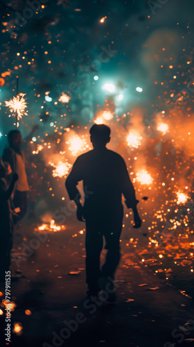A man is walking through a dark, smokey area with fireworks in the background