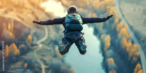 Skydiver in flight with a river and rural landscape in the background. Jumping from a bridge with a parachute. photo