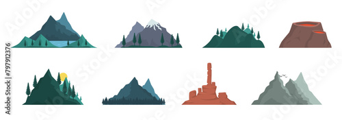 PNG, River waterfall falls from cliff on white background. Picturesque tourist attraction with small waterfall and clear water. Cartoon landscapes with mountains and trees. Vector illustration.