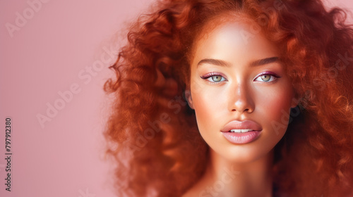Beautiful  sexy  happy smiling dark-skinned African American woman with perfect skin and red hair  on a pink background  banner.