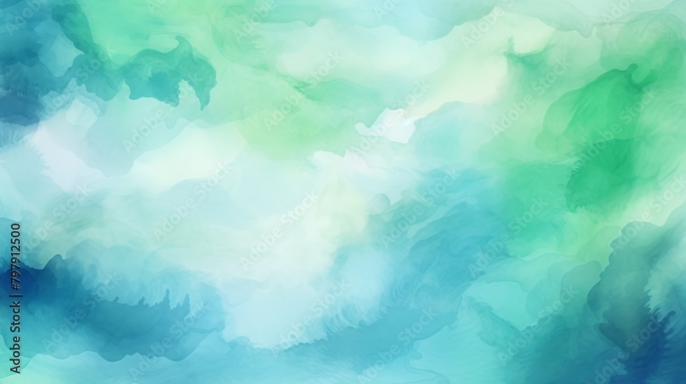 This serene image captures the soothing essence of nature with its watercolor blend, reminiscent of calm seas and lush forests