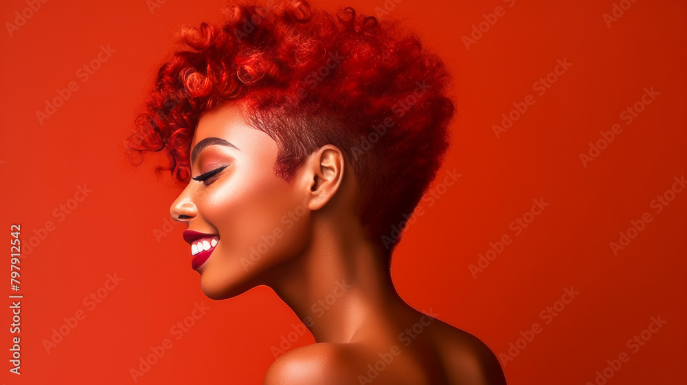 Beautiful, sexy, happy smiling dark-skinned African American woman with perfect skin and red hair, on a red background, banner.