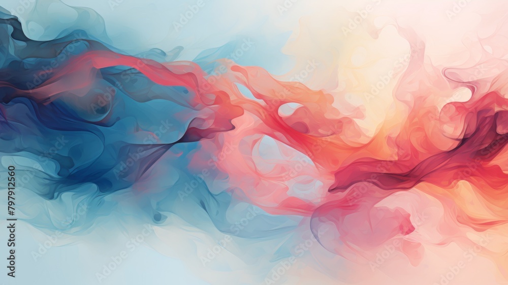 This image captures an energetic clash of red and blue tones in a dynamic display of abstract fluid art