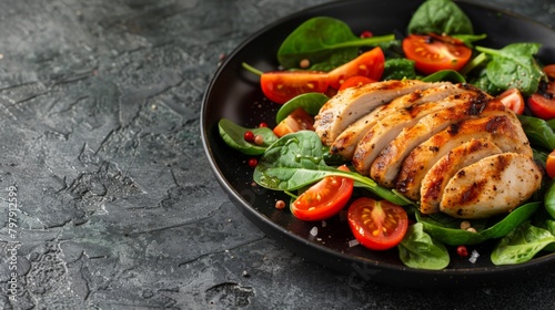 Grilled chicken breast and avocado salad with cherry tomatoes, spinach, in a black plate on a stone background with copy space for your text