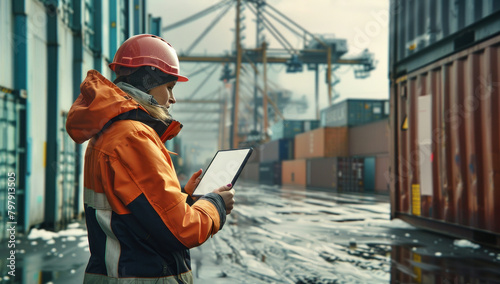 Man in orange jacket and hard hat holding tablet in front of shipping containers at industrial site