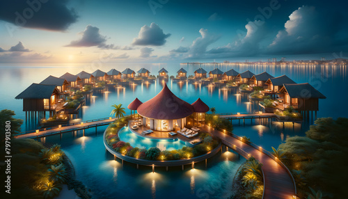 Tropical Island Paradise  Exclusive Overwater Bungalows with Central Pavilion at Sunset