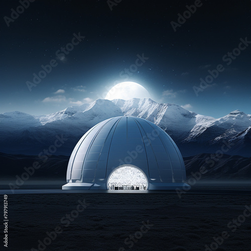 Illustration of a futuristic house, a large house in the shape of a white ball, designed for living high in the mountains. Unusual shape of a residential building. A very unusual background.