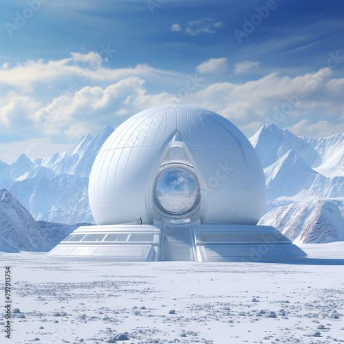 Illustration of a futuristic house, a large house in the shape of a white ball, designed for living high in the mountains. Unusual shape of a residential building. A very unusual background. photo