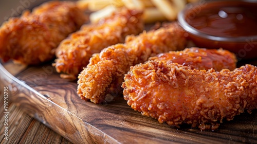 Close-up of crispy breaded chicken tenders arranged on a wooden board, ready to be dipped into tangy barbecue sauce.