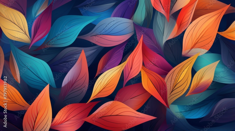 An artistic rendition of multicolored leaves densely packed in a seamless pattern on a mysterious dark backdrop An artistic rendition of multicolored leaves densely packed in a seamless pattern on a mysterious dark backdrop