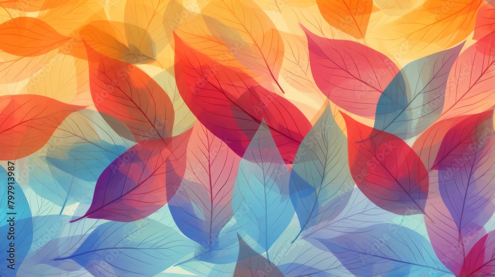 A digital composition of vividly colored leaves arranged in an overlapping pattern invoking feelings of warmth and autumn