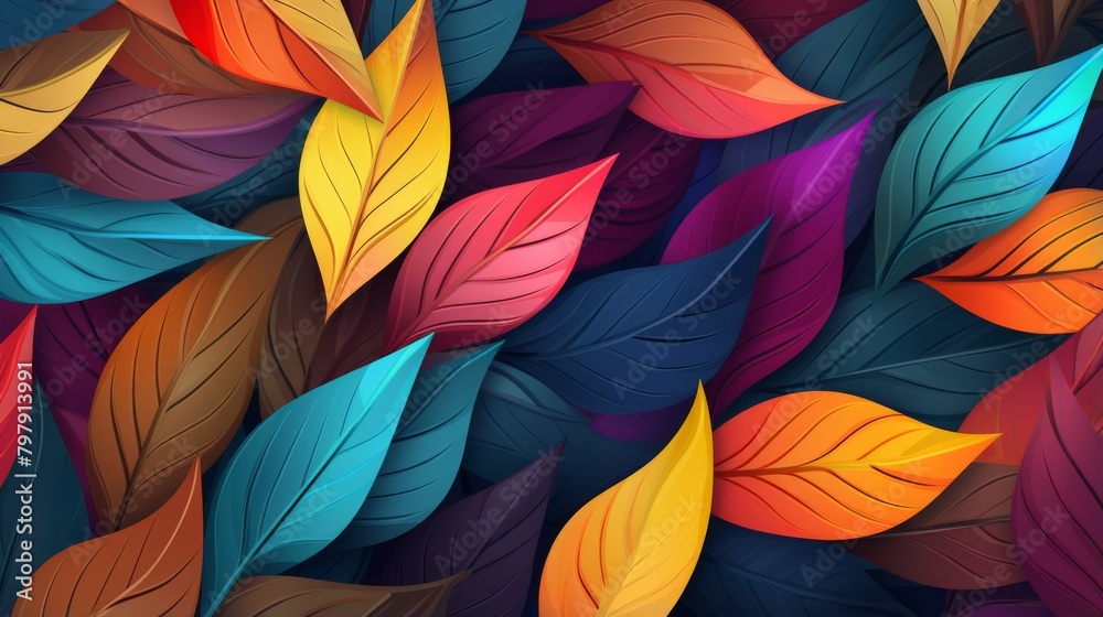 Striking digital design featuring lush leaves in rich, vibrant colors set against a deep blue atmospheric background