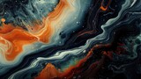 An abstract background with swirling patterns of orange, white and dark blue paint, resembling the landscape of an alien planet, showcasing fluid lines and intricate details in a surreal composition