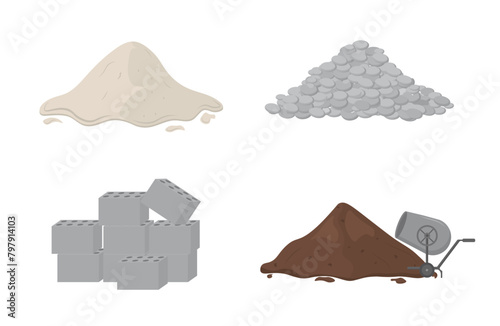 PNG, Set of building material piles (sand, stones, cement, crushed stone, brick, gypsum). Building material piles. Vector illustrations can be used for construction sites, works, industry