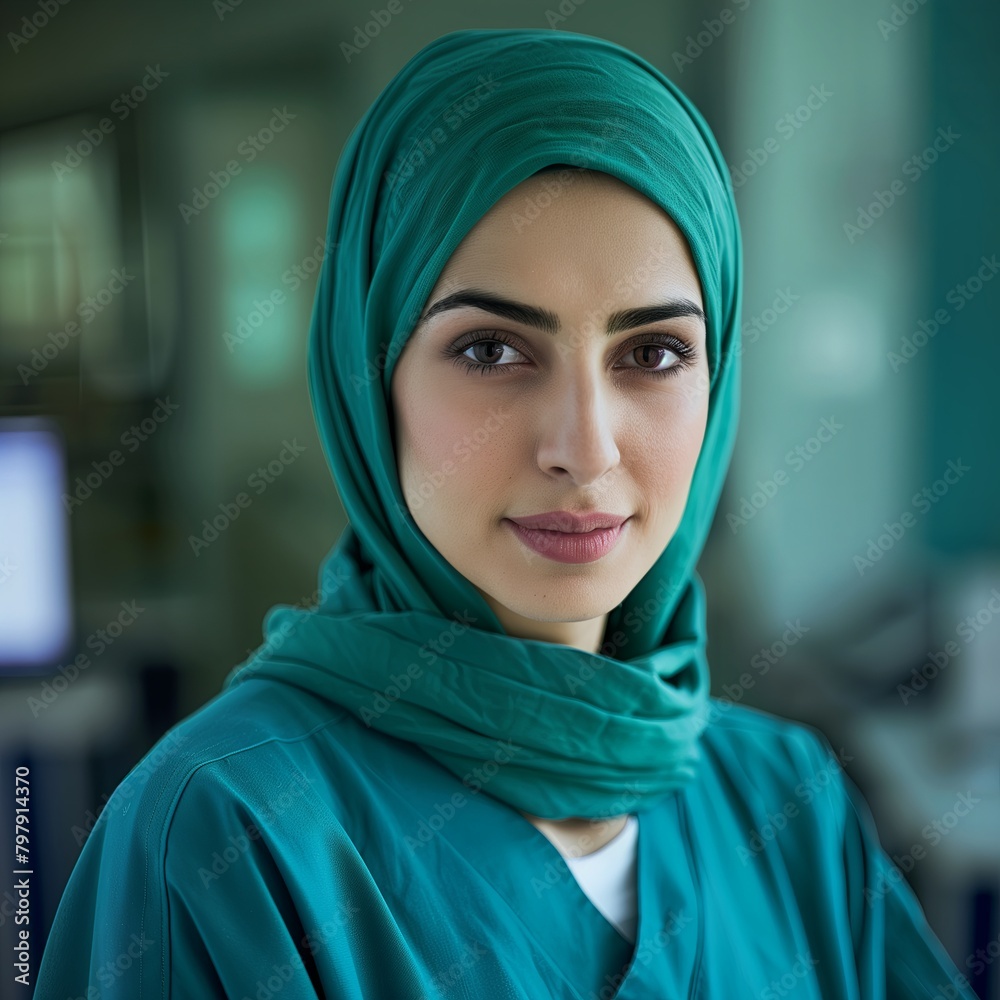Fototapeta premium Muslim woman in hijab, portrait of smiling adult in modern, modest clothing. Beauty, happiness, and