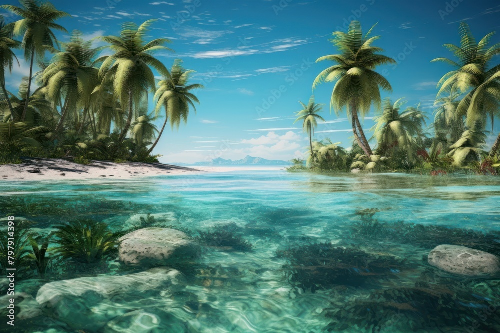 Tropical island ocean tree landscape.