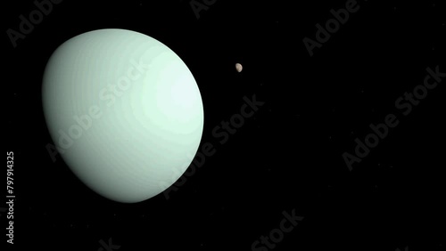 Animation of Miranda and Uranus rotating on their own axes from space photo