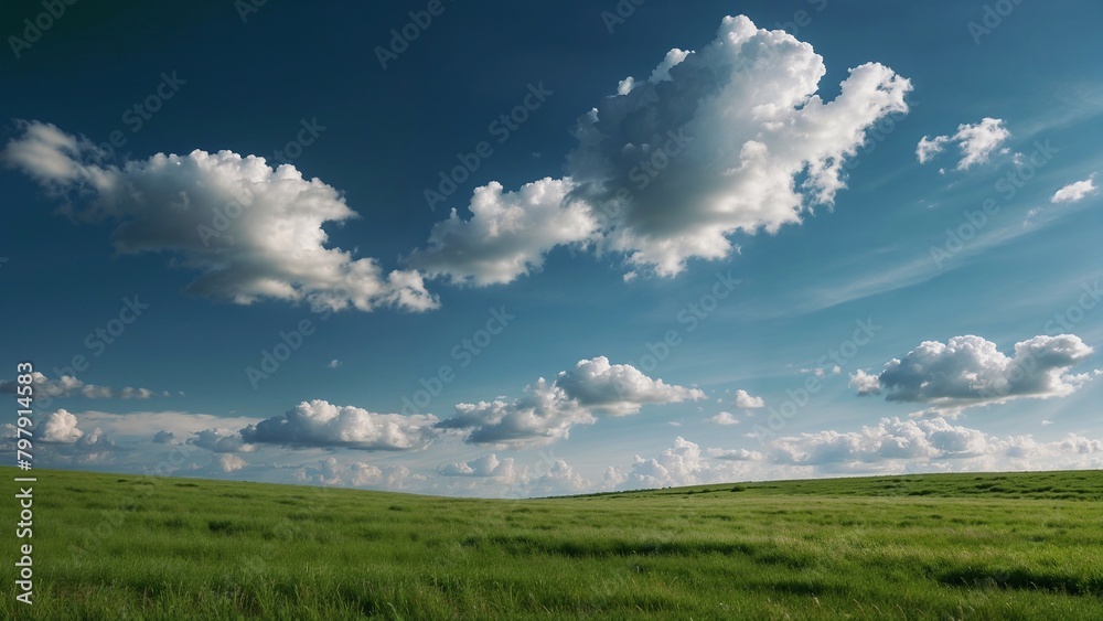 Green meadow with blue sky and clouds