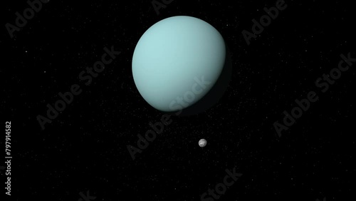 Animation of Miranda and Uranus rotating on their own axes from space photo