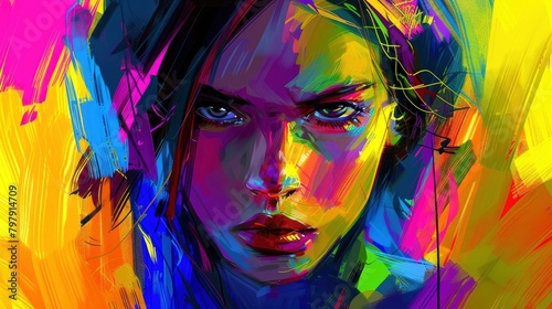 An abstract digital painting of an attractive woman with colorful brush strokes and bold colors, focusing on her face in closeup