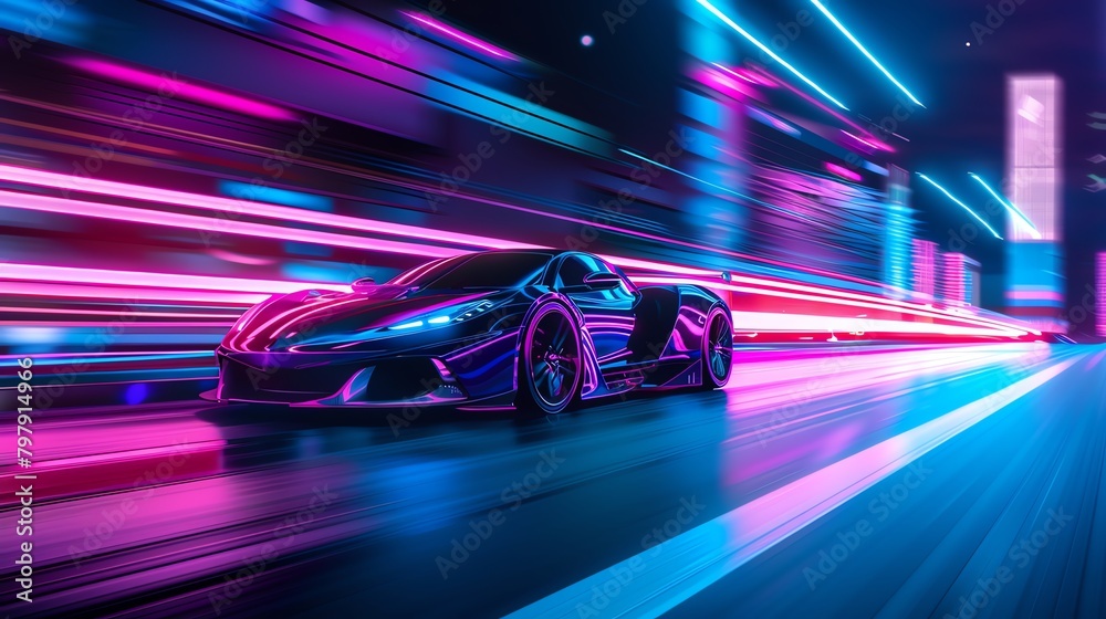 Sleek electric sports car zipping through a neonlit cityscape at night, emphasizing speed and modernity, cool blue and purple tones