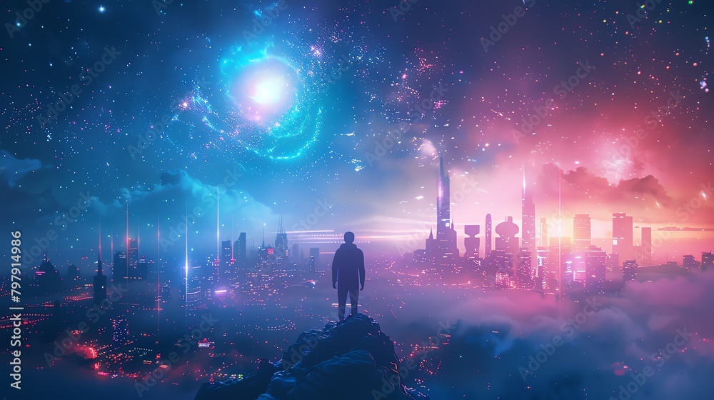 Sparkling stars over a luminous futuristic cityscape, dreamy blue and pink neon glows, hightech skyline - obrazy, fototapety, plakaty 