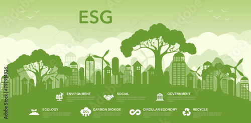 ESG - Environment, Society and Governance ESG concepts on environmental, social and corporate sustainability performance management for investment screening. Green vector illustration.