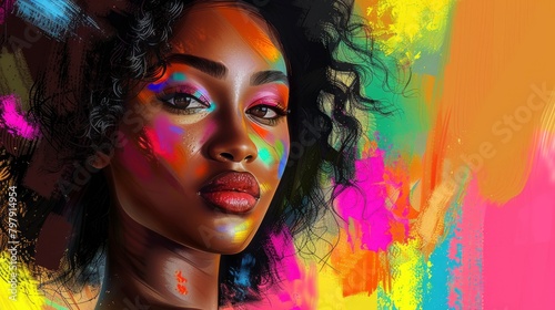 An abstract digital painting of an attractive woman with colorful brush strokes and bold colors, focusing on her face in closeup