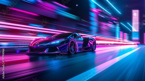 Sleek electric sports car zipping through a neonlit cityscape at night, emphasizing speed and modernity, cool blue and purple tones © Oranuch