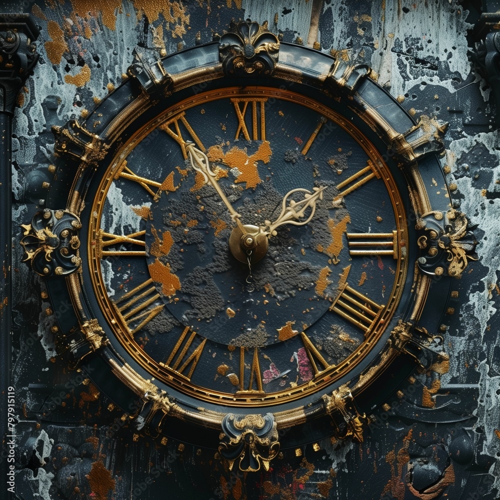 Obraz premium Vintage clock face against a distressed background with peeling paint, blending time with a sense of history.