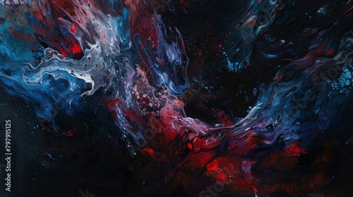 An abstract painting of dark colors, red and blue tones, and a black background. The composition includes various brush strokes creating an intricate pattern that resembles the texture photo